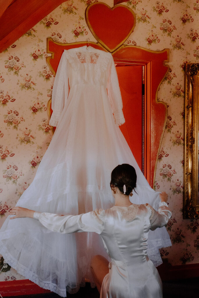 bride before getting ready for her vintage themed wedding ceremony