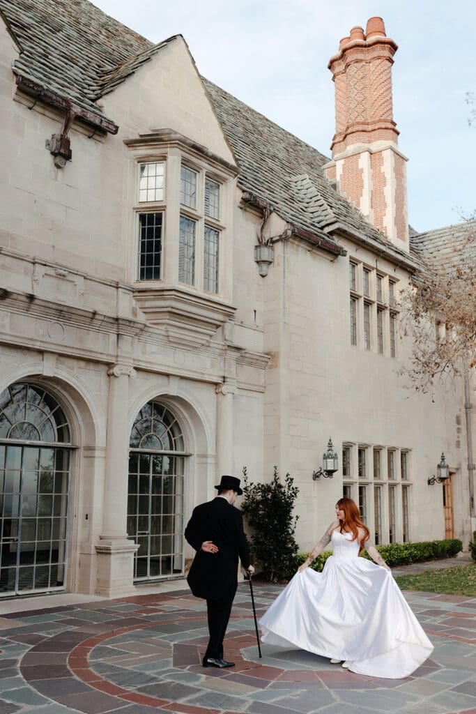 bride and groom dancing during their bridal portraits